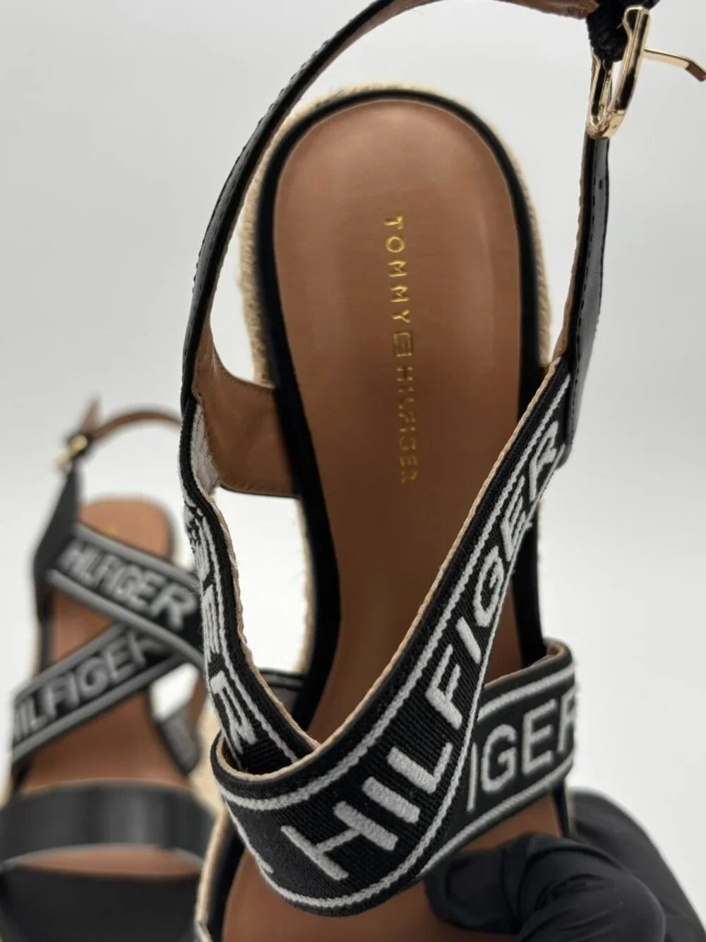 Tommy Hilfiger Black Logo Strap Espadrille Wedge Platform Sandals Shoes 9M
